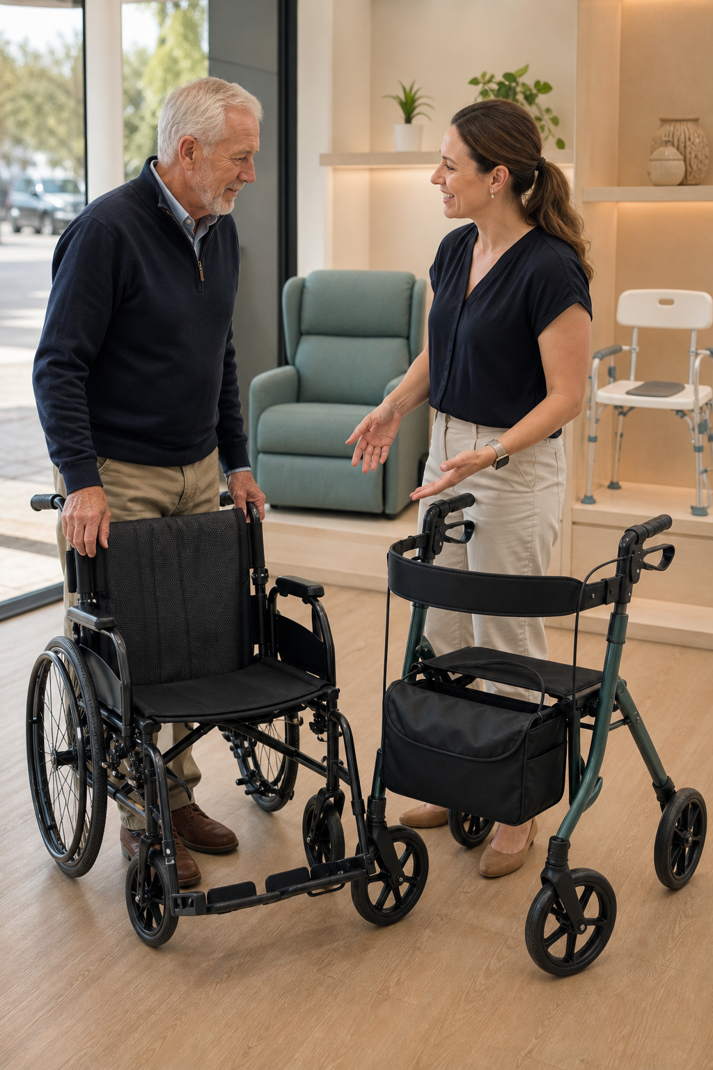 A client comparing a wheelchair and rollator with an equipment consultant