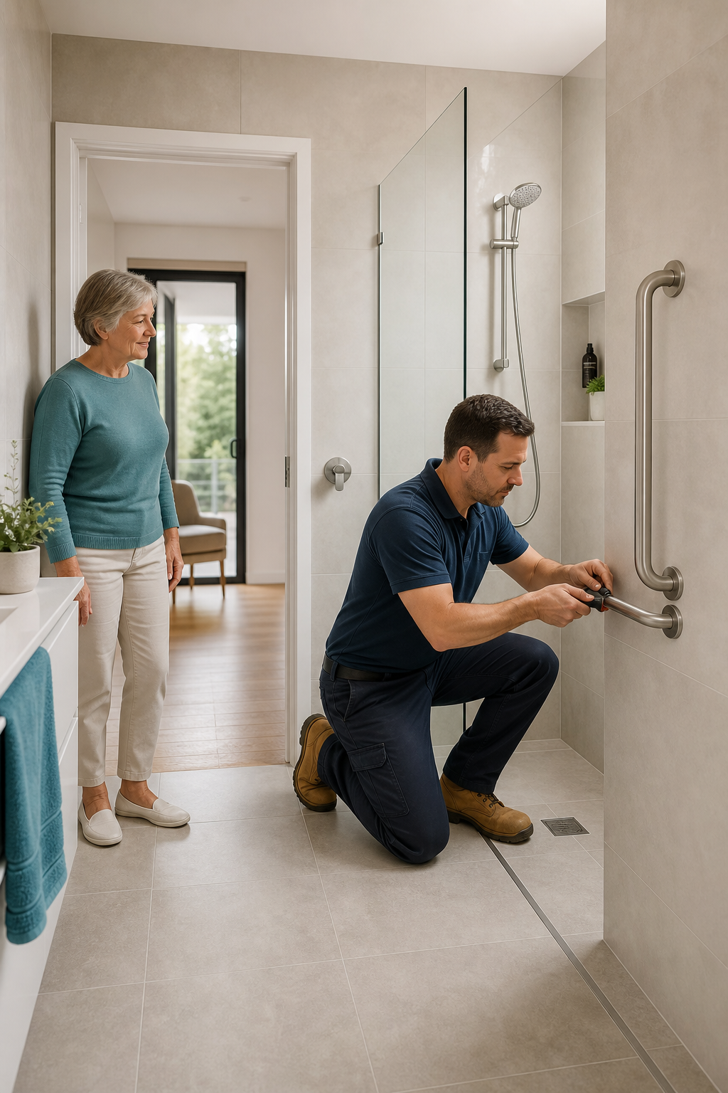 A qualified tradesperson completing grab rail work in an accessible bathroom