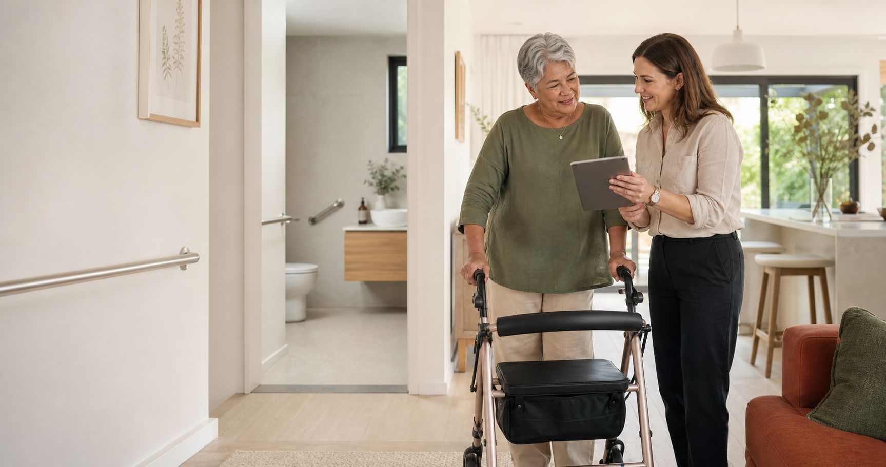 An occupational therapist and client planning accessibility solutions together at home