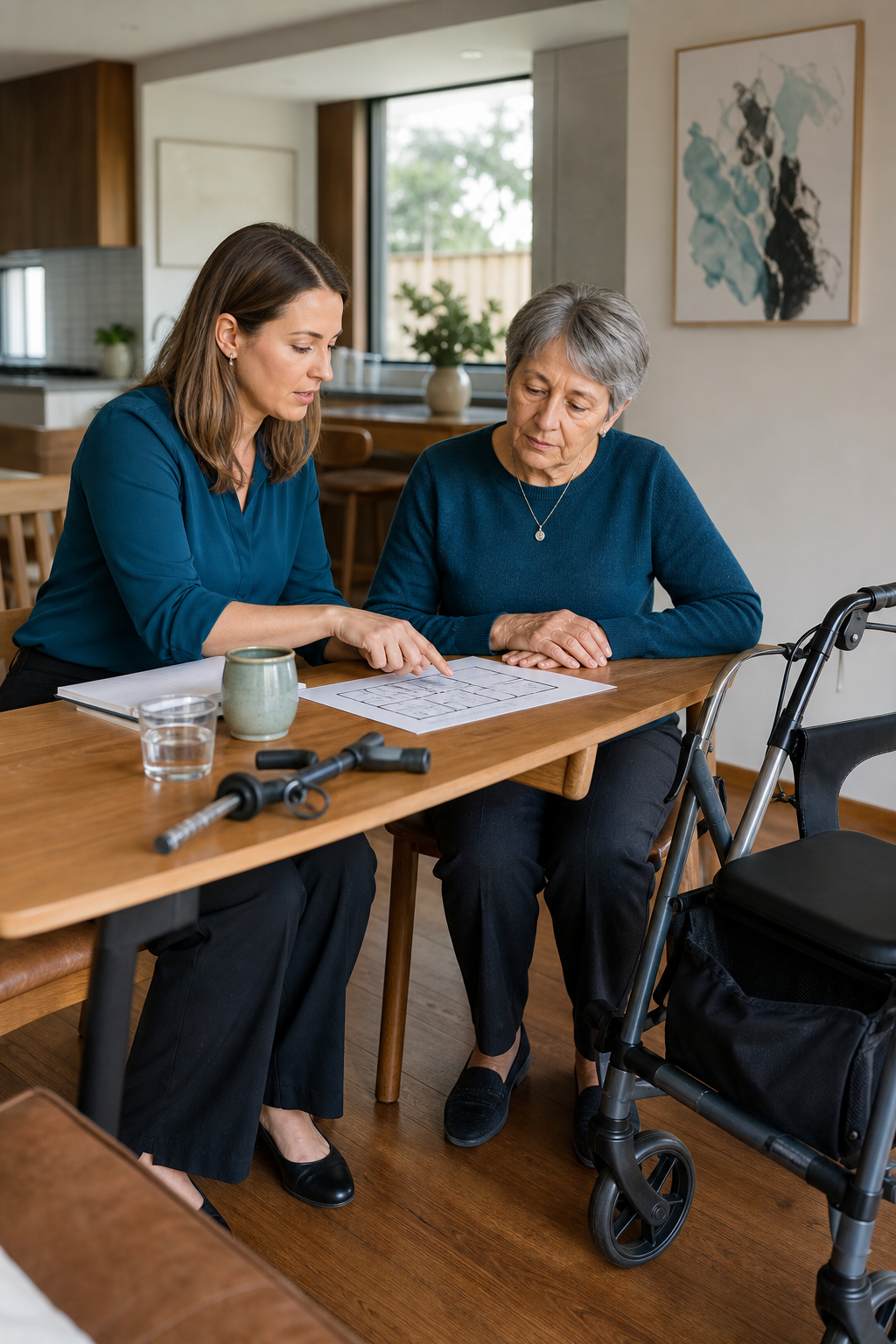 An occupational therapist and client reviewing a home access plan together
