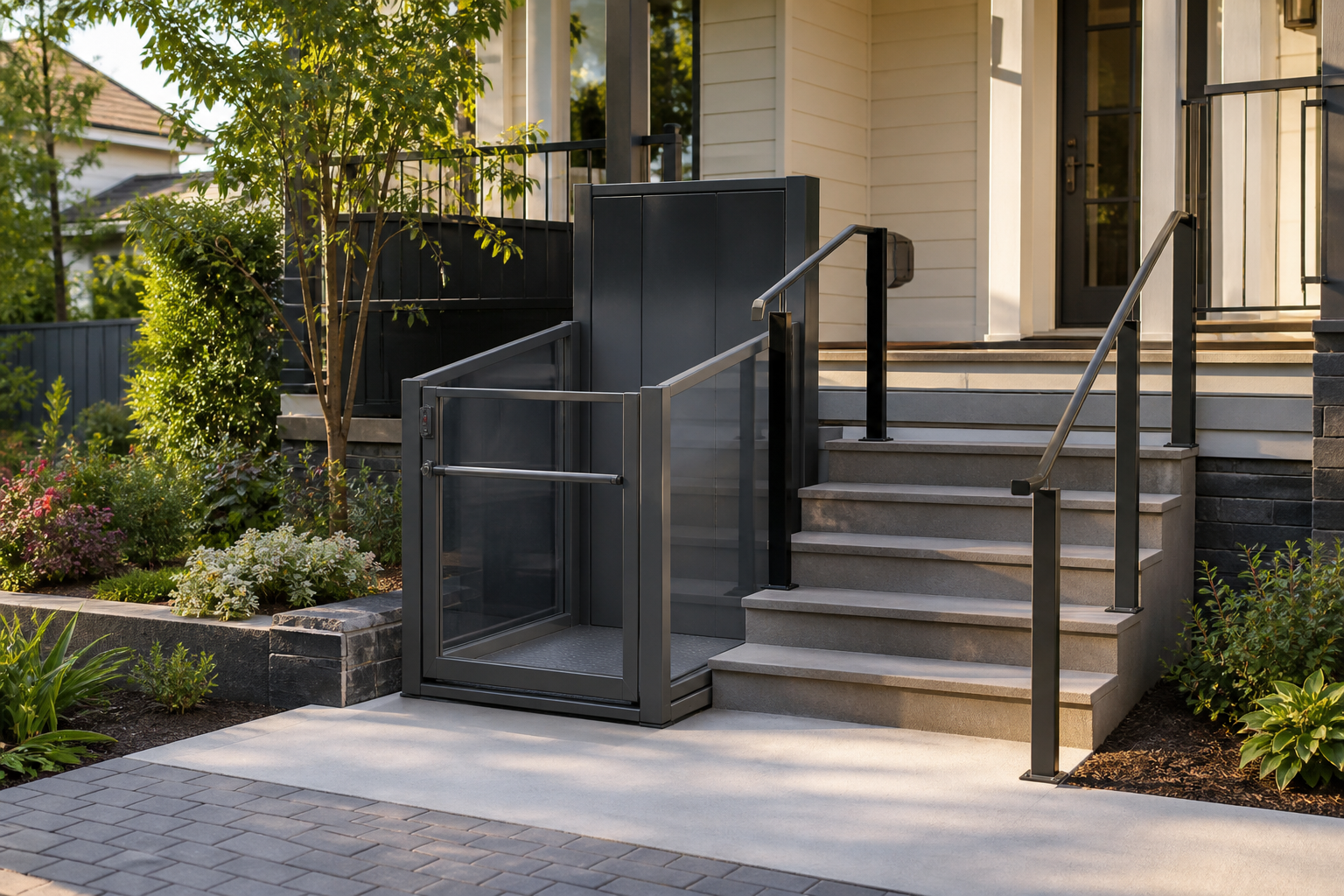 Concept view of a short-rise residential wheelchair platform lift beside entrance steps