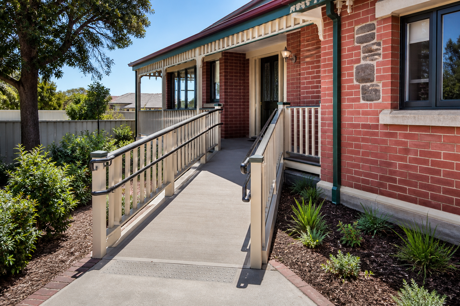 Permanent access ramp and handrails at a Victorian-style home