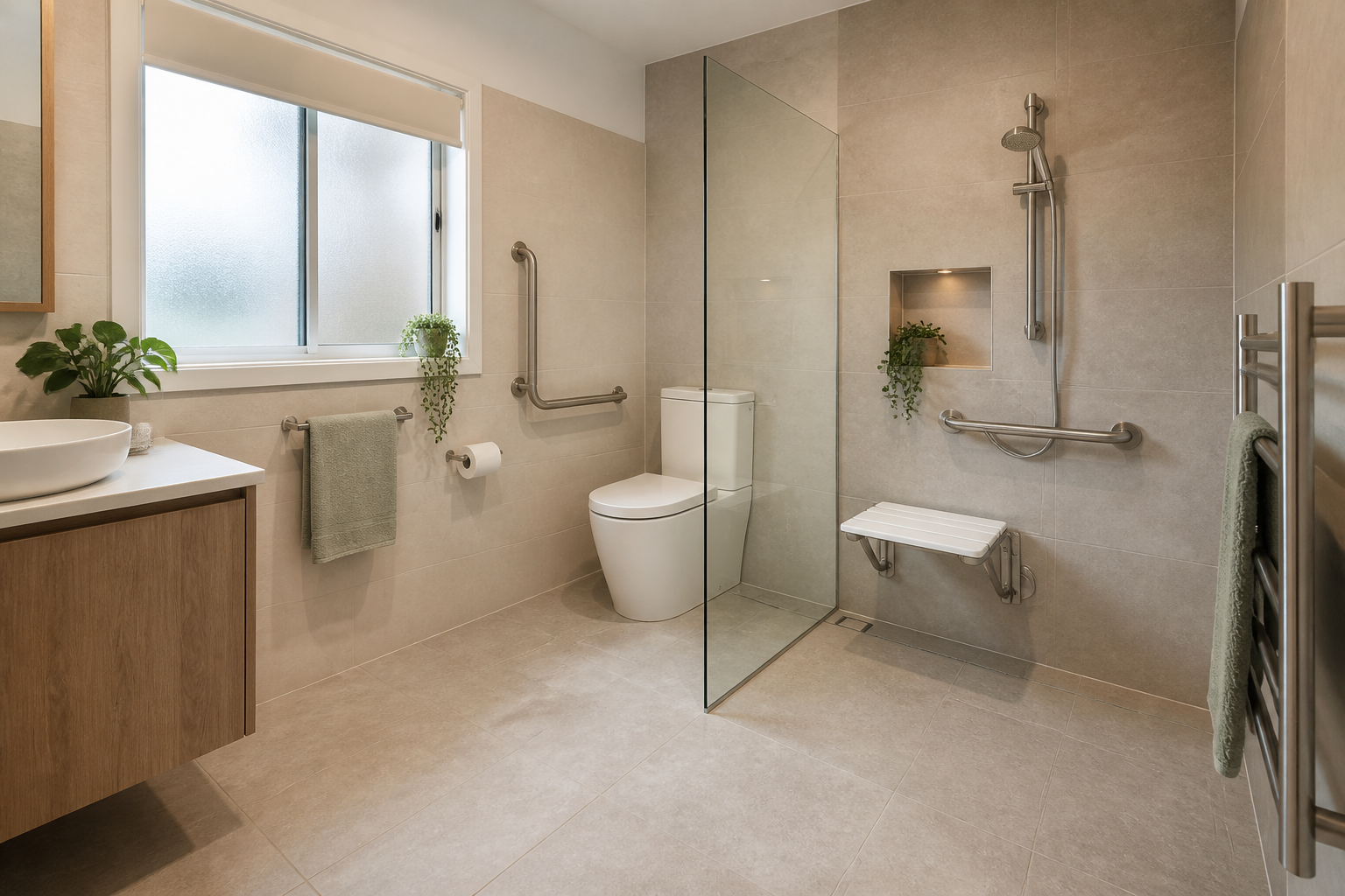 Accessible bathroom with stepless shower