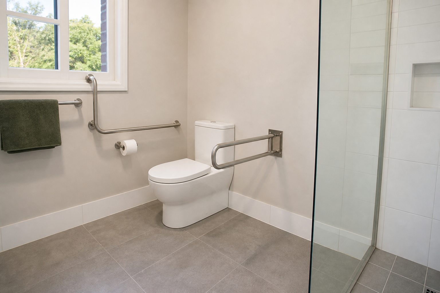 Bathroom grab rails beside a toilet in a neutral accessible bathroom