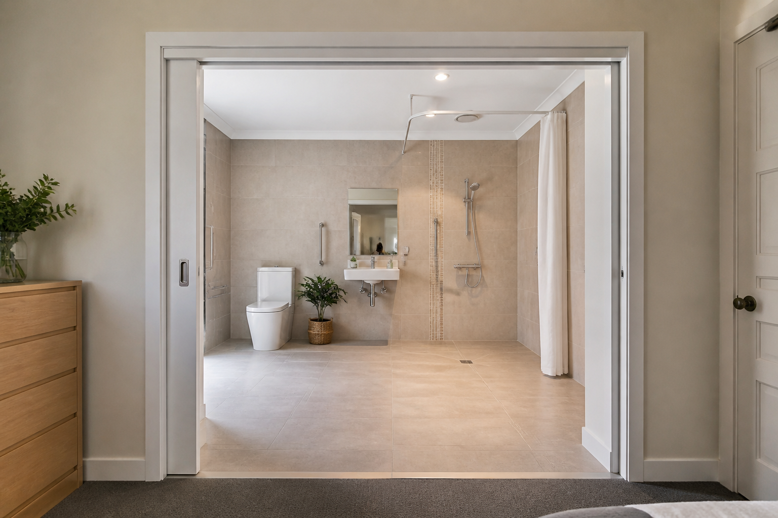 Widened sliding doorway providing improved bathroom access