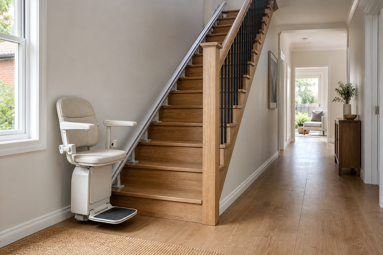 Concept view of a straight stair lift installed on a residential timber staircase