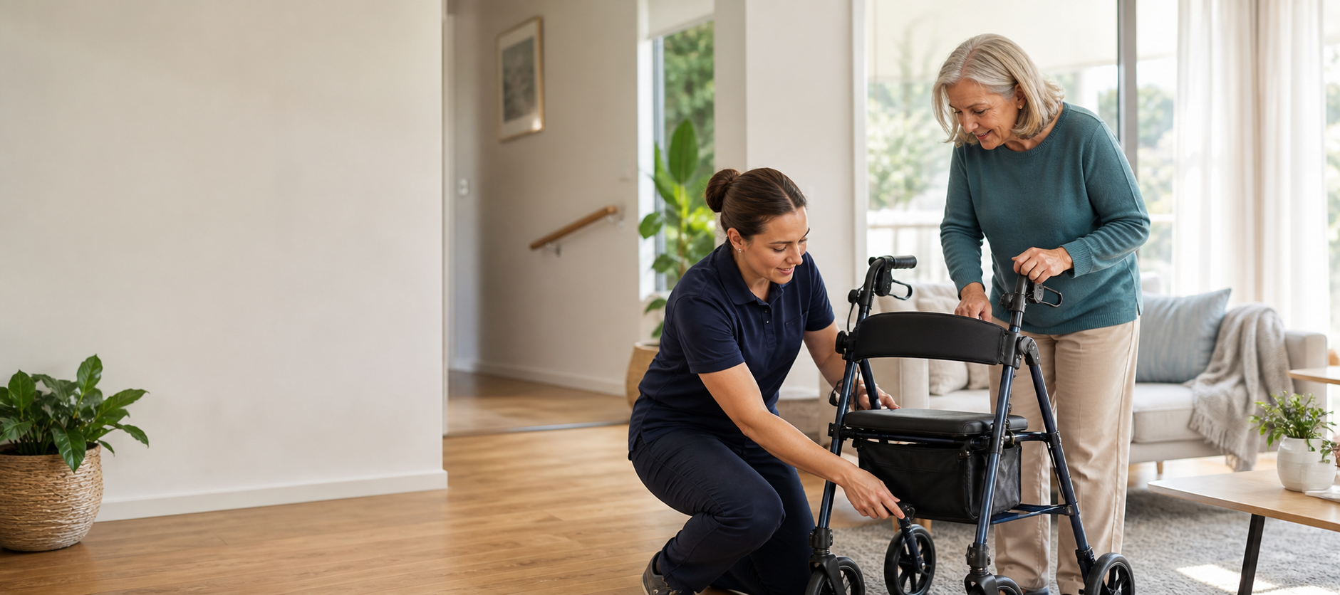 An equipment technician adjusting a rollator with an older client at home